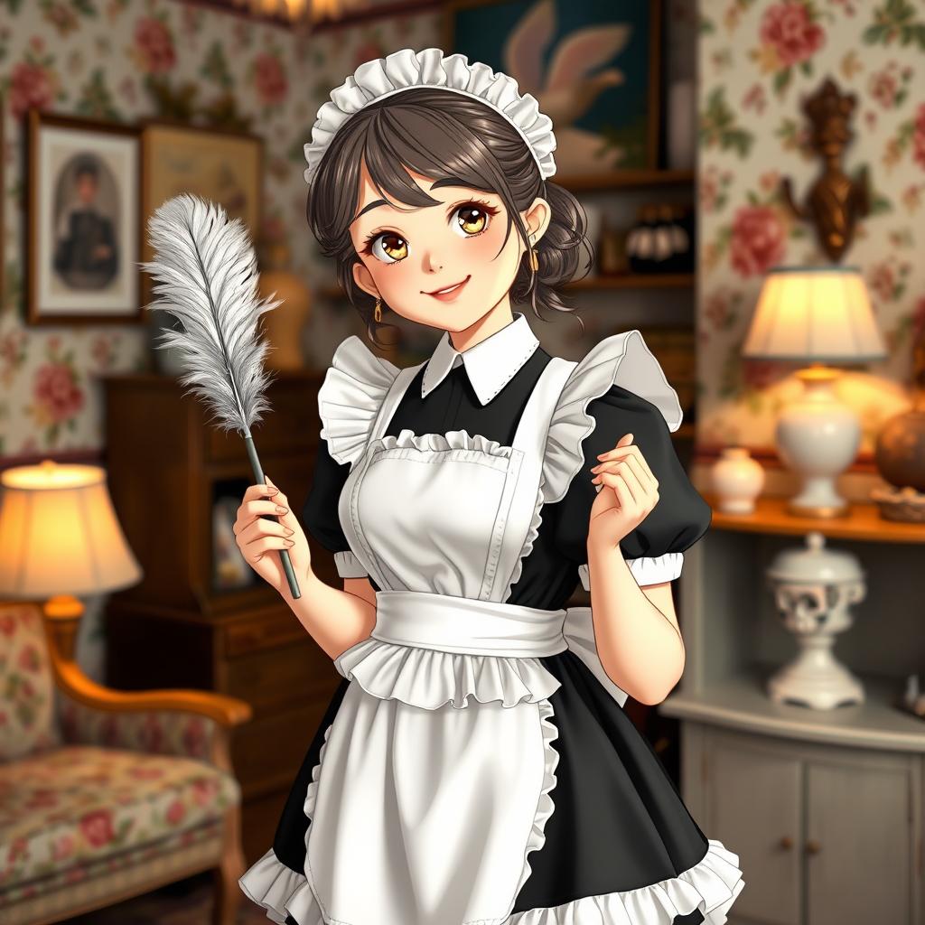 a cute and charming maid, wearing a traditional black and white maid outfit with a frilly apron, holding a feather duster in one hand, and smiling warmly, standing in a cozy, vintage-styled room with floral wallpaper and soft lighting, various decorative items in the background, a welcoming atmosphere