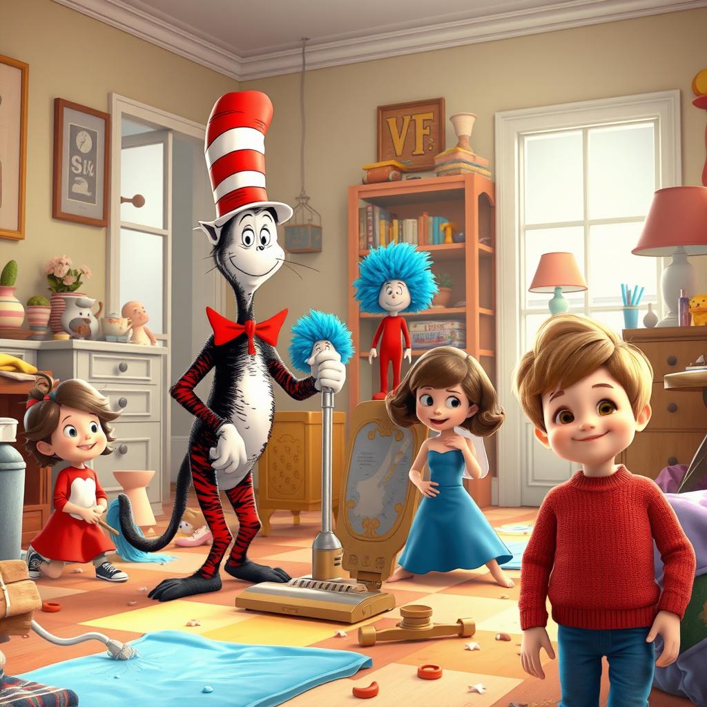 A lively and colorful scene capturing the Cat in the Hat energetically working with a magical cleaning machine, helping to restore order in a messy house