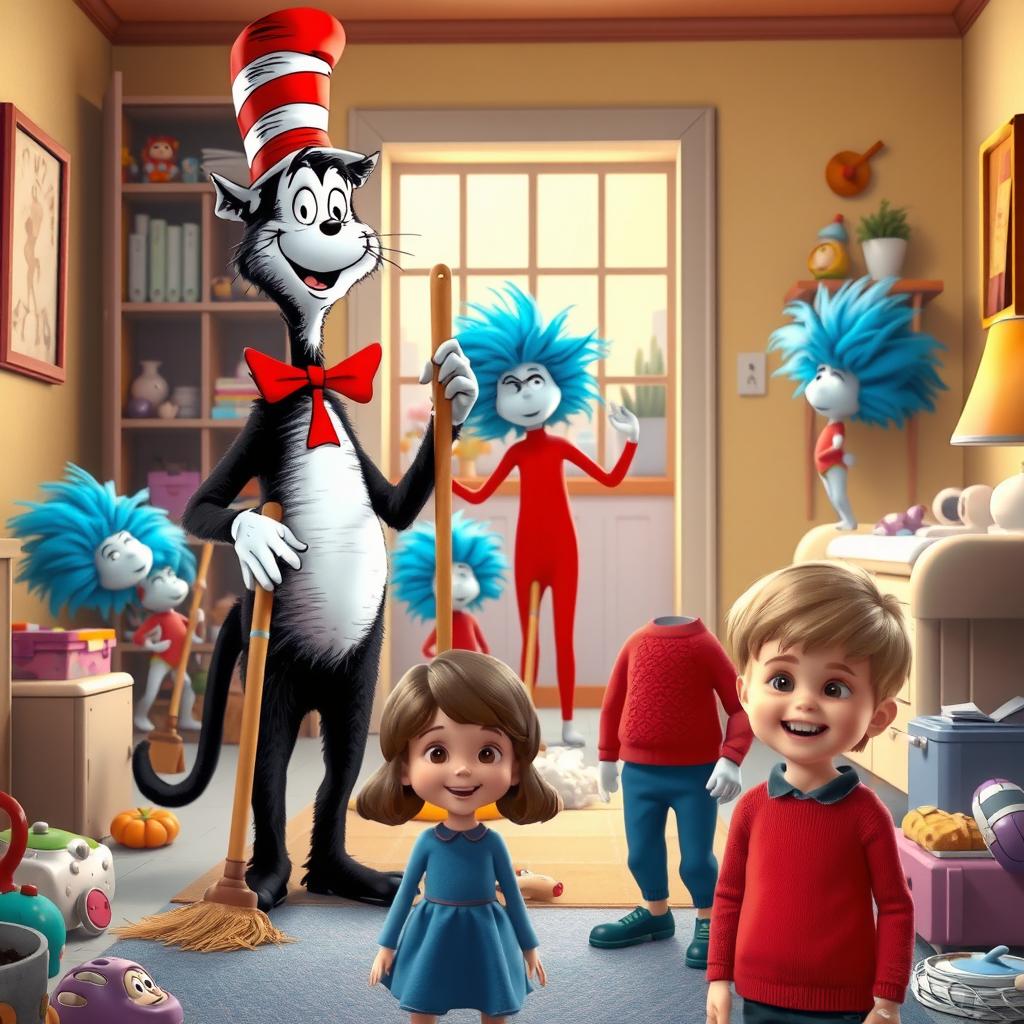 A vibrant and whimsical scene showcasing the Cat in the Hat joyfully utilizing a magical cleaning machine to bring order back to a messy house