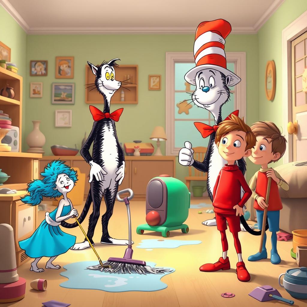 A whimsical scene featuring the Cat in the Hat joyfully using a magical cleaning machine to help restore order in a messy house
