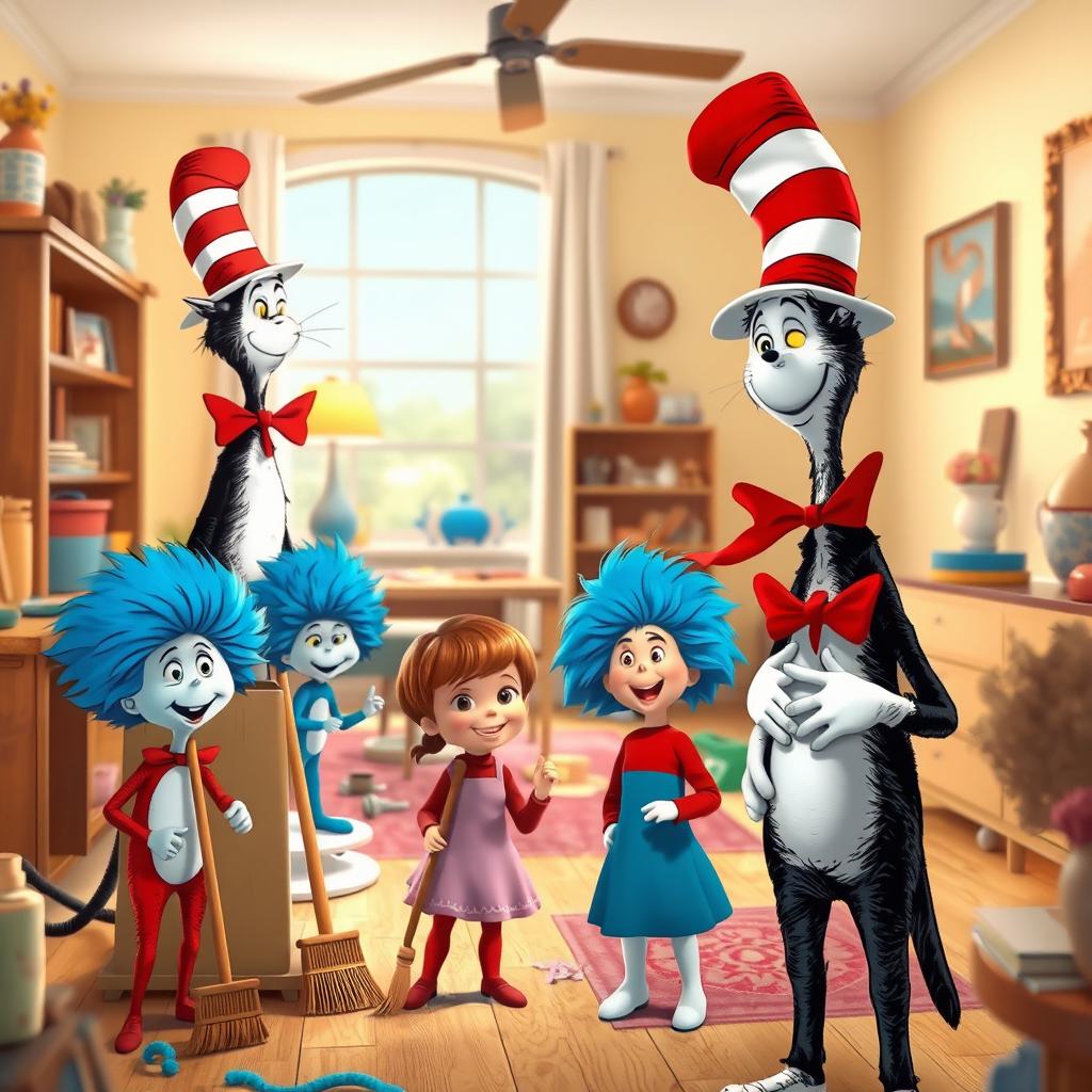 A cheerful scene depicting the Cat in the Hat joyfully operating a magical cleaning machine to restore order in a messy house