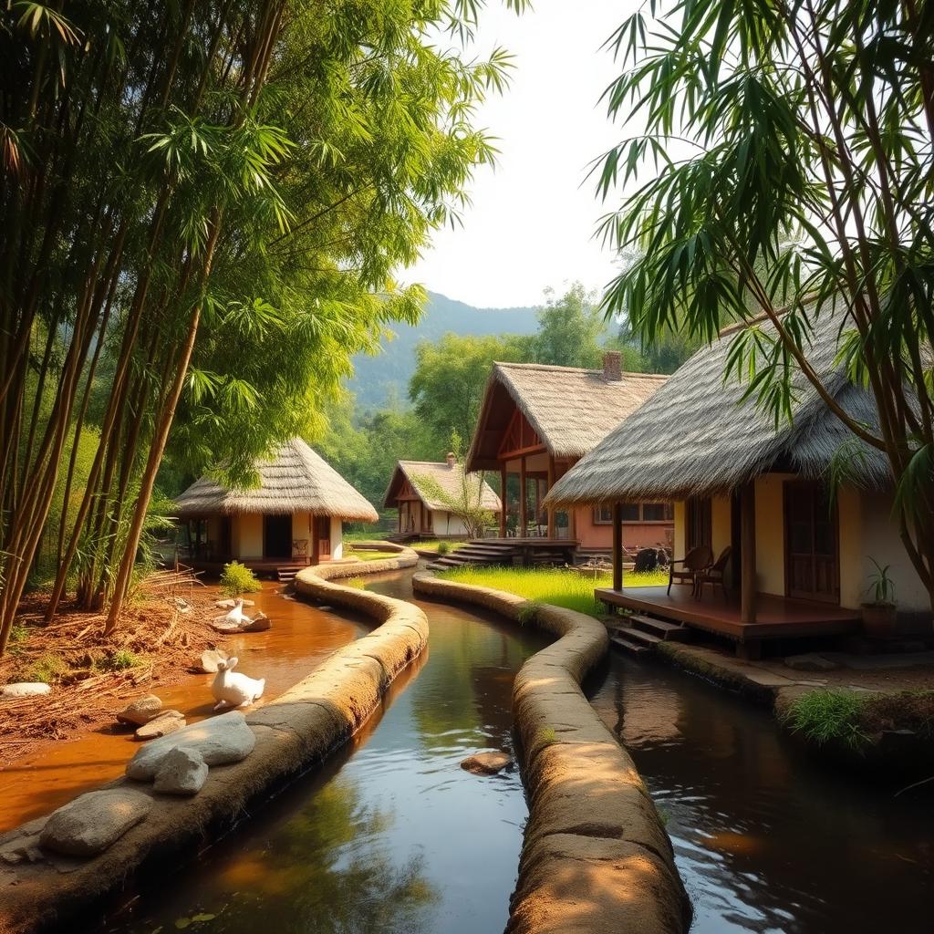 A serene rural landscape showcasing charming thatched-roof houses (geribik) surrounded by clear water gutters (selokan air) gently flowing through the scene