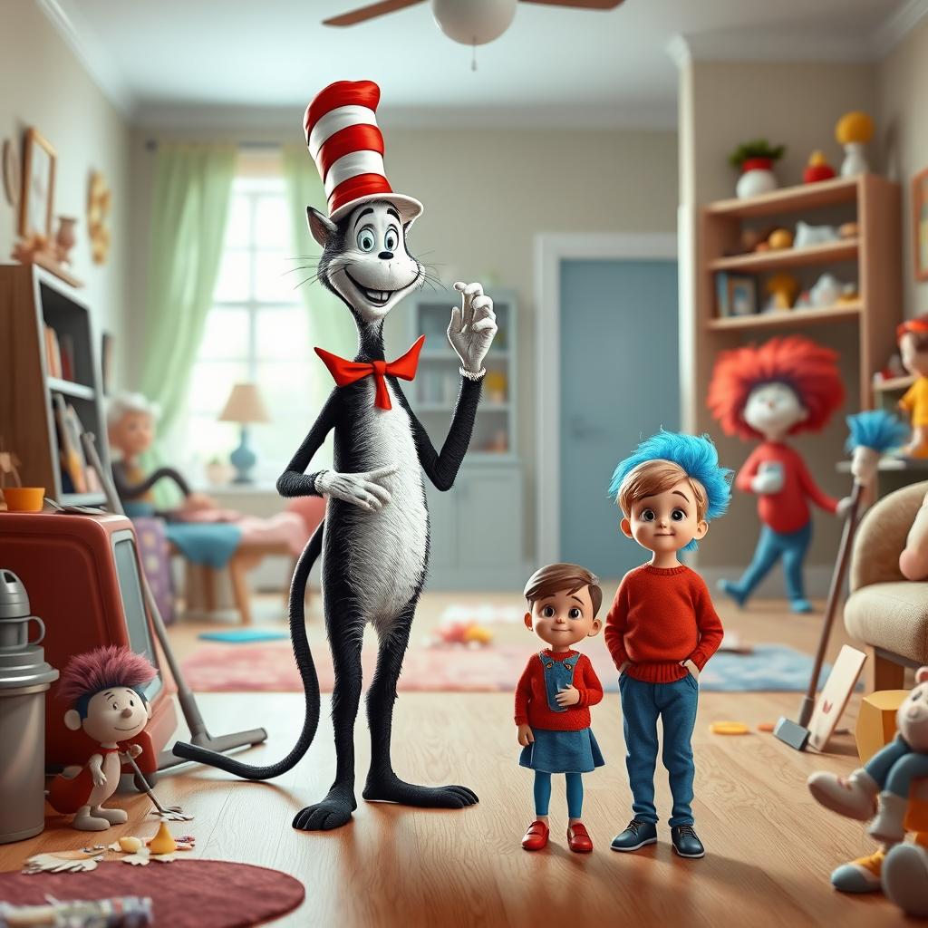 A lively and colorful scene illustrating the Cat in the Hat enthusiastically using a magical cleaning machine to help restore order in a chaotic house