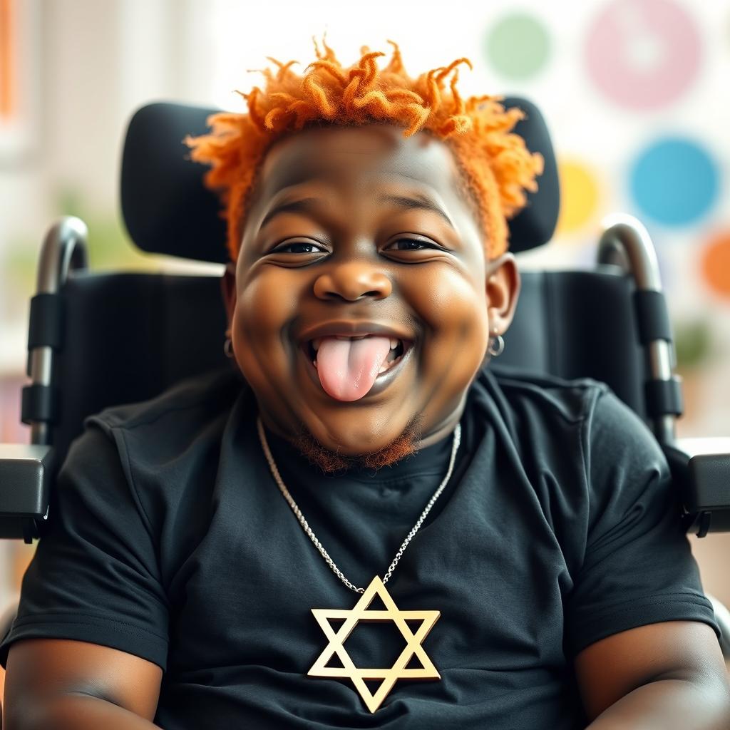 A cheerful chubby African man with Down syndrome and bright orange hair, semi-smiling with his tongue playfully sticking out