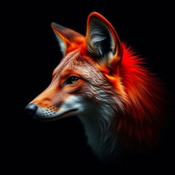 A hyper-realistic image of a crimson coyote head, showcasing intricate details of the fur and features, with a dark and moody background that enhances the intensity of the coyote's vibrant color
