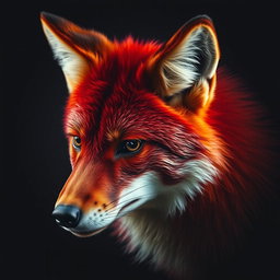 A hyper-realistic image of a crimson coyote head, showcasing intricate details of the fur and features, with a dark and moody background that enhances the intensity of the coyote's vibrant color