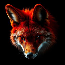 A hyper-realistic image of a crimson coyote head, showcasing intricate details of the fur and features, with a dark and moody background that enhances the intensity of the coyote's vibrant color