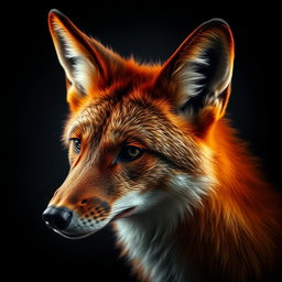 A hyper-realistic image of a crimson coyote head, showcasing intricate details of the fur and features, with a dark and moody background that enhances the intensity of the coyote's vibrant color