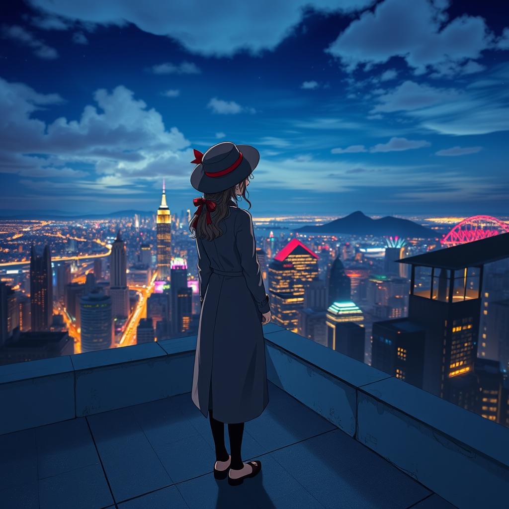 A girl standing on a rooftop overlooking a vibrant city skyline at night