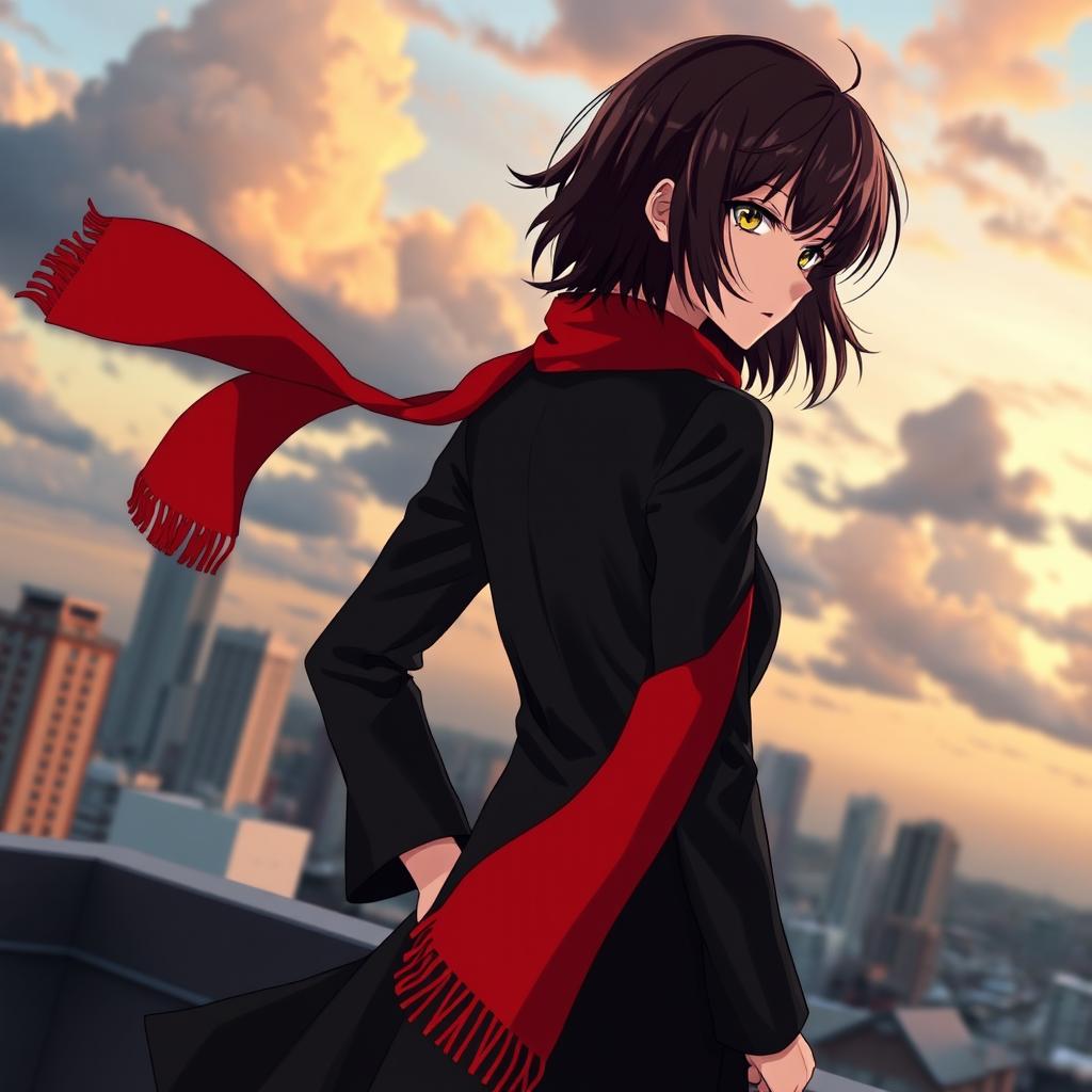 A female version of Chuuya Nakahara, dressed in a stylish, modern outfit, standing confidently on a rooftop
