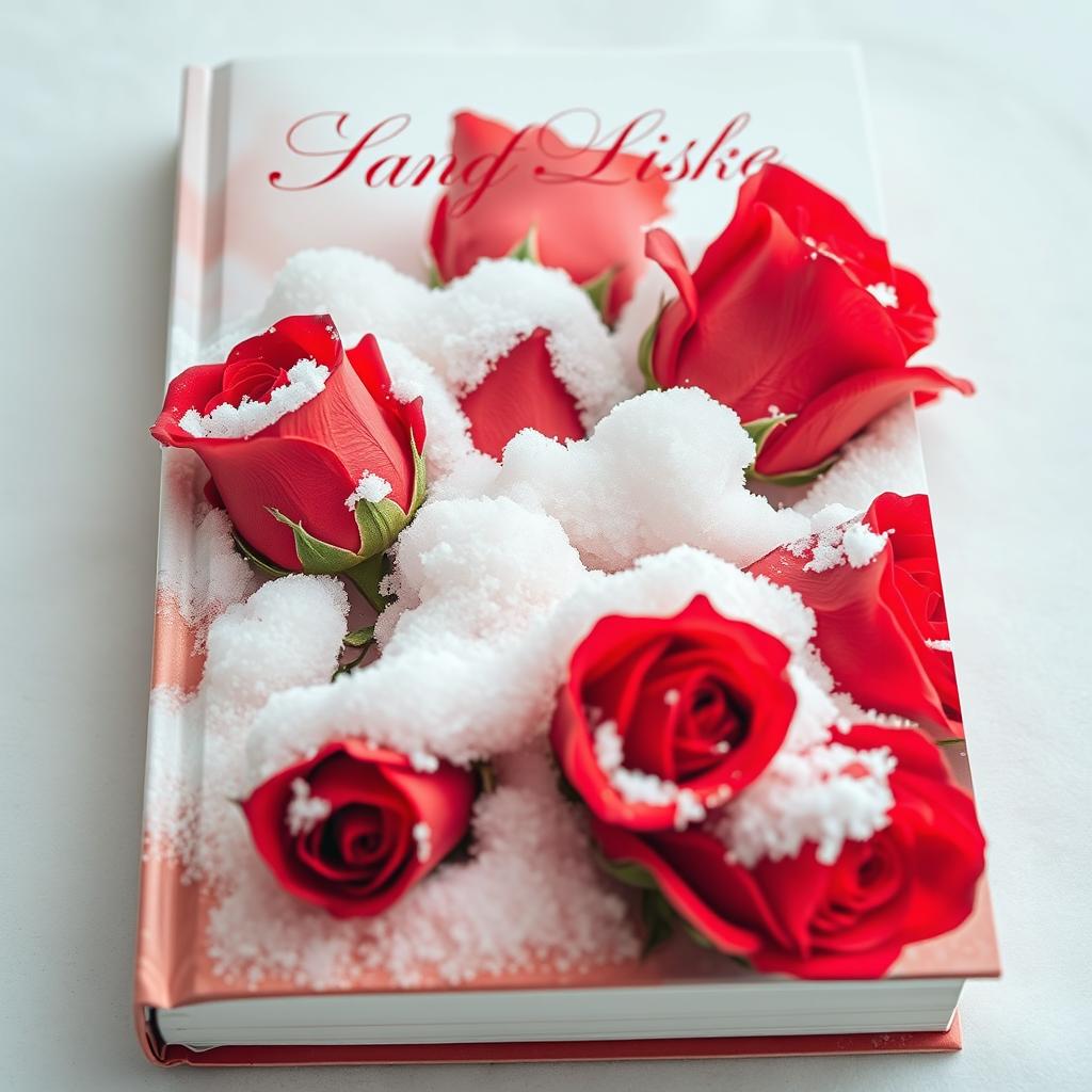 A captivating book cover featuring a close-up of vibrant red roses delicately covered in a layer of soft, pristine snow