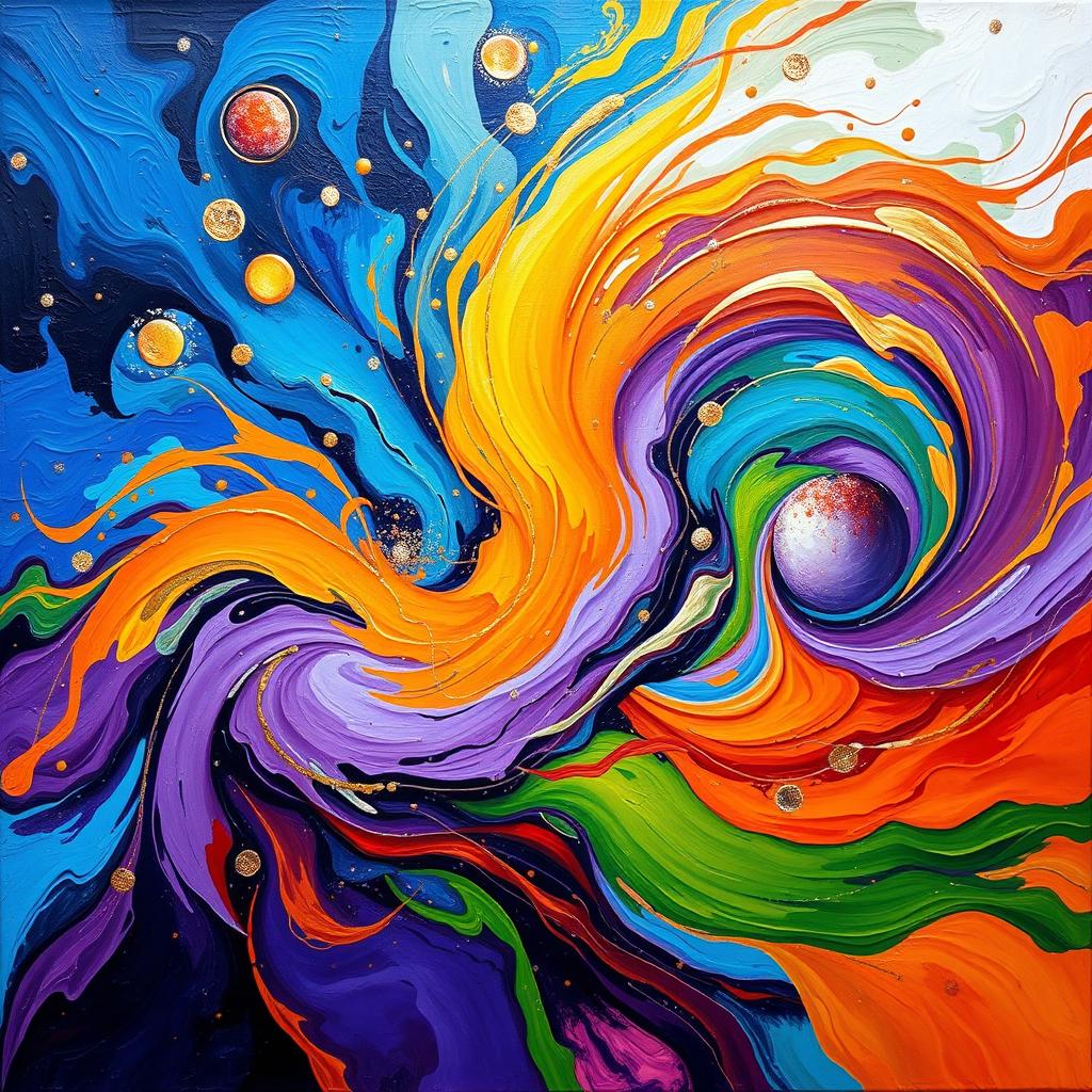 A vibrant, colorful abstract painting featuring swirling shapes and dynamic movement, resembling a cosmic explosion of colors