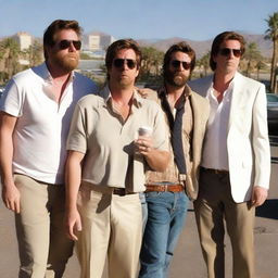 A scene from 'The Hangover' movie showing the main characters: Phil, Stu, Alan, and Doug in a humorous and disoriented state in Las Vegas