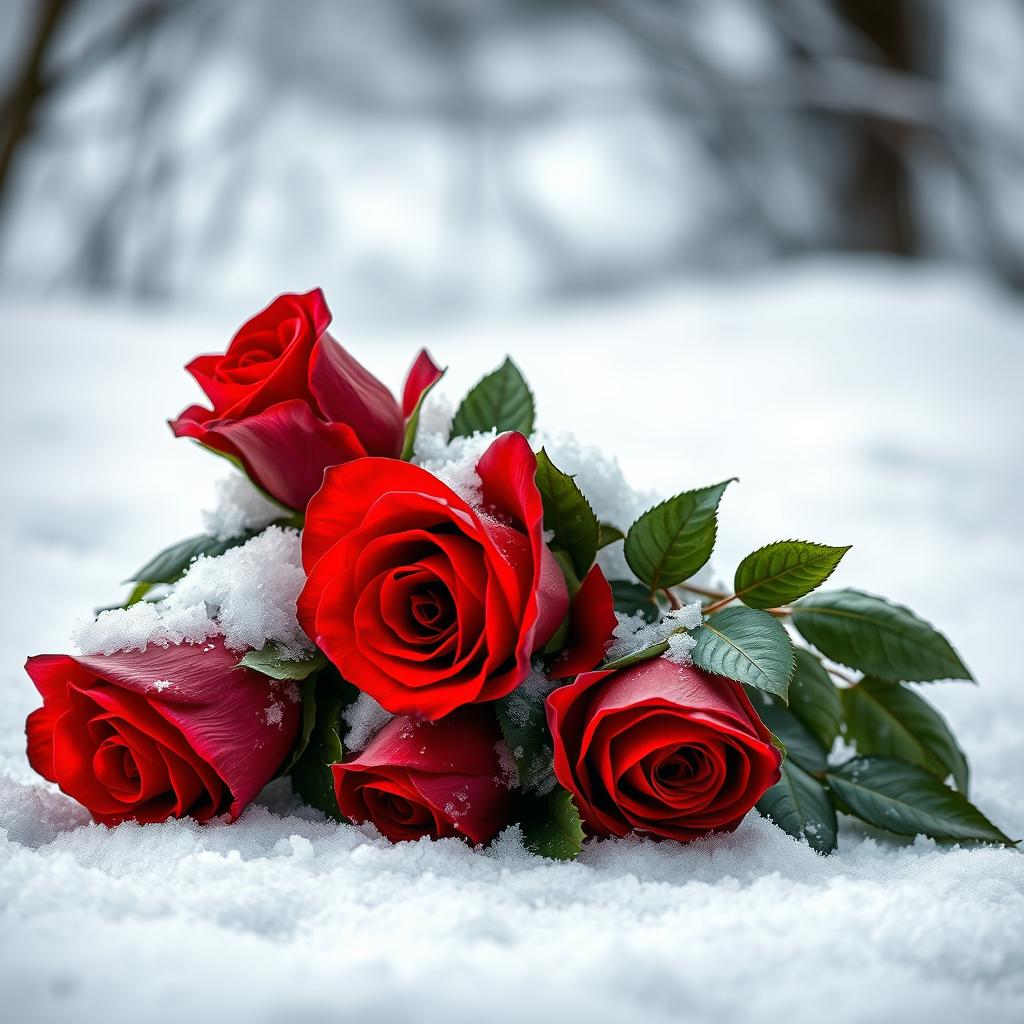 A beautiful and striking book cover featuring vibrant red roses delicately lying under a soft blanket of snow
