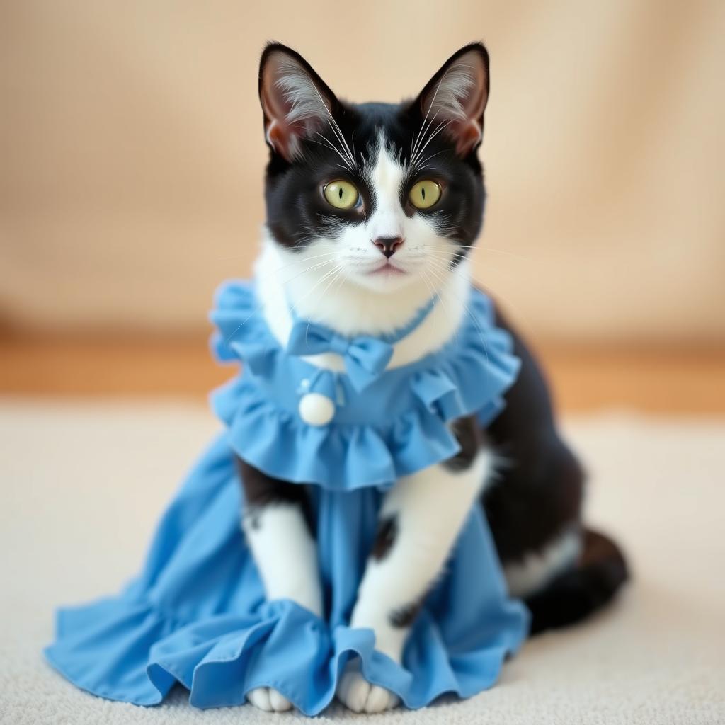 A charming black and white cat gracefully wearing a stylish blue dress