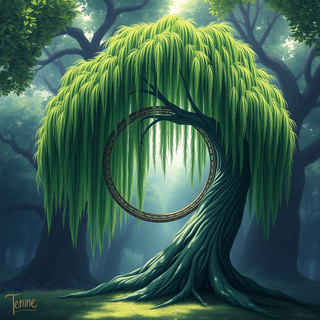 A fantastical illustration featuring Tenne, which embodies a majestic willow tree elegantly intertwined with two circular annulets