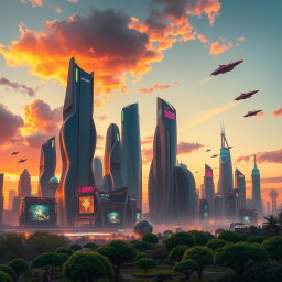 A highly detailed image of a futuristic city skyline at sunset, featuring skyscrapers with organic shapes, glowing neon lights, and flying vehicles in the sky