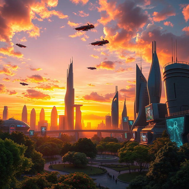 A highly detailed image of a futuristic city skyline at sunset, featuring skyscrapers with organic shapes, glowing neon lights, and flying vehicles in the sky