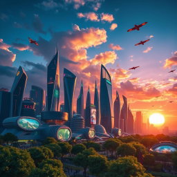 A highly detailed image of a futuristic city skyline at sunset, featuring skyscrapers with organic shapes, glowing neon lights, and flying vehicles in the sky