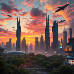 A highly detailed image of a futuristic city skyline at sunset, featuring skyscrapers with organic shapes, glowing neon lights, and flying vehicles in the sky