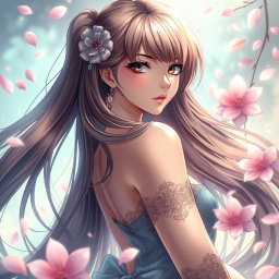 A sultry anime girl with long flowing hair, elegantly posed in a dreamy fantasy environment, surrounded by ethereal flowers and soft glowing lights