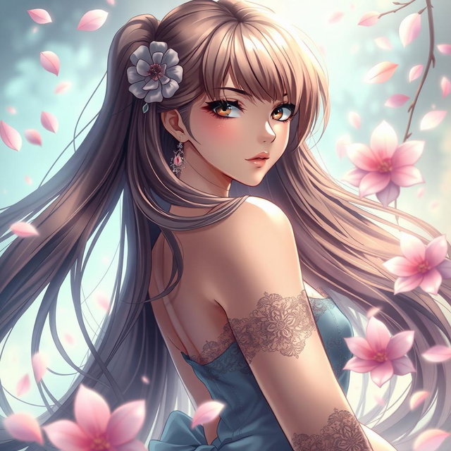 A sultry anime girl with long flowing hair, elegantly posed in a dreamy fantasy environment, surrounded by ethereal flowers and soft glowing lights
