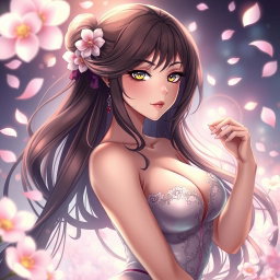 A sultry anime girl with long flowing hair, elegantly posed in a dreamy fantasy environment, surrounded by ethereal flowers and soft glowing lights