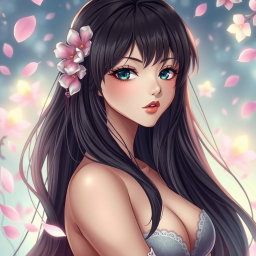 A sultry anime girl with long flowing hair, elegantly posed in a dreamy fantasy environment, surrounded by ethereal flowers and soft glowing lights