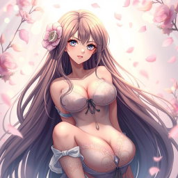 A sultry anime girl with long flowing hair, elegantly posed in a dreamy fantasy environment, surrounded by ethereal flowers and soft glowing lights