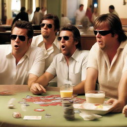 A scene from 'The Hangover' movie showing the main characters: Phil, Stu, Alan, and Doug in a humorous and disoriented state in Las Vegas