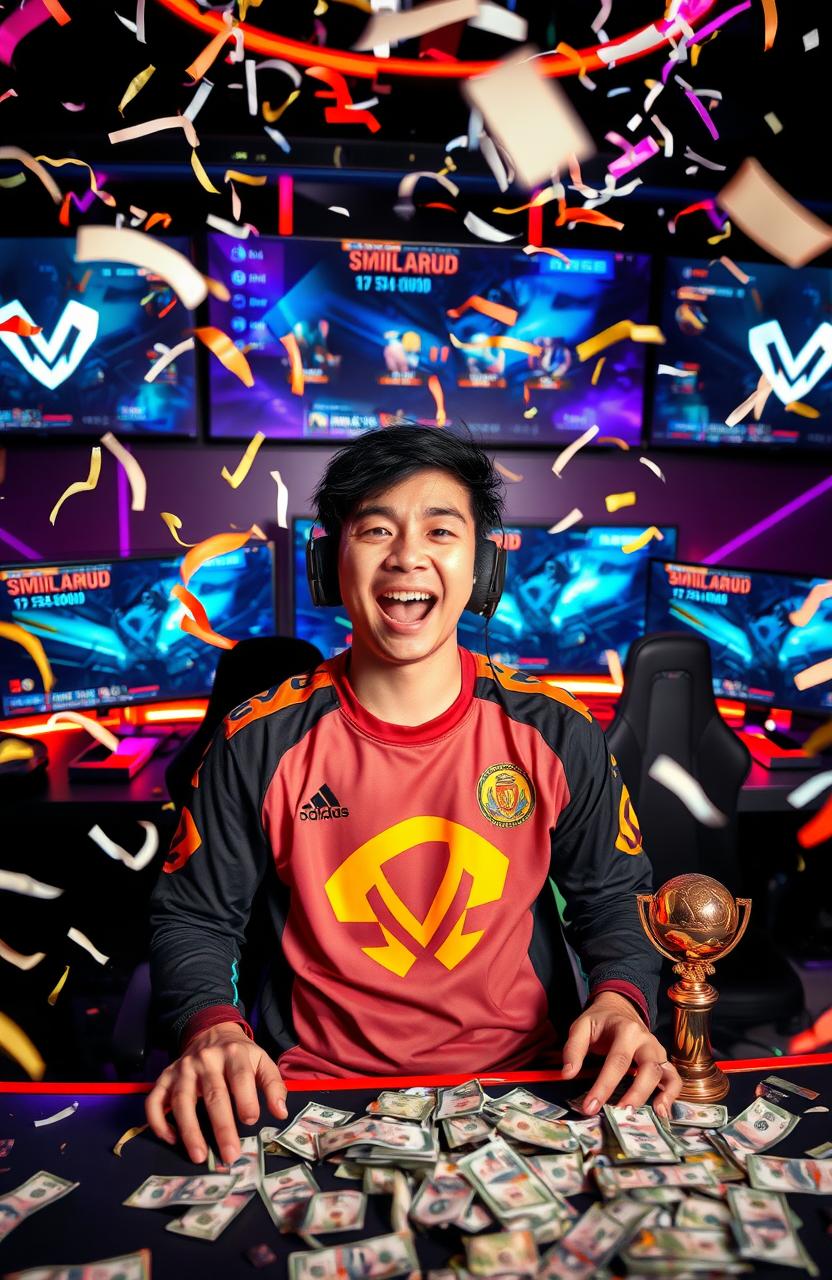 A passionate gamer in an intense moment of victory after winning a major esports tournament