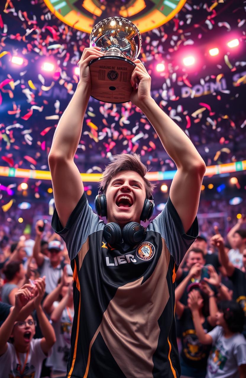 A triumphant gamer celebrating after winning a major e-sports tournament, surrounded by cheering fans and confetti flying in the air
