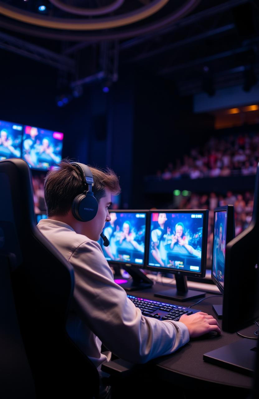 A focused gamer intensely playing in a video game tournament, sitting at a high-tech gaming setup with multiple monitors displaying vibrant game graphics