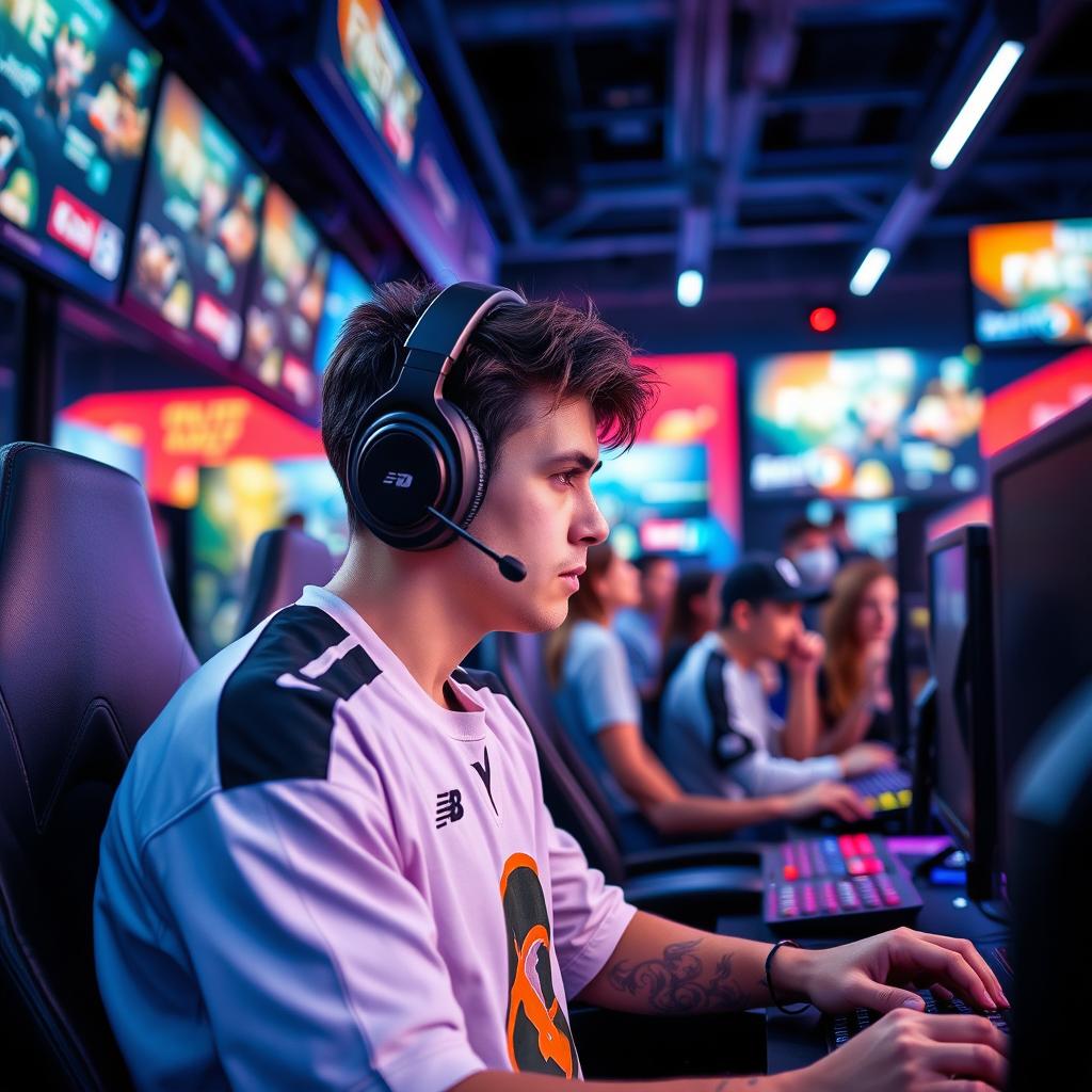 A focused gamer intensely playing in a video game tournament, surrounded by an immersive setup featuring multiple monitors showcasing various video game titles on screen