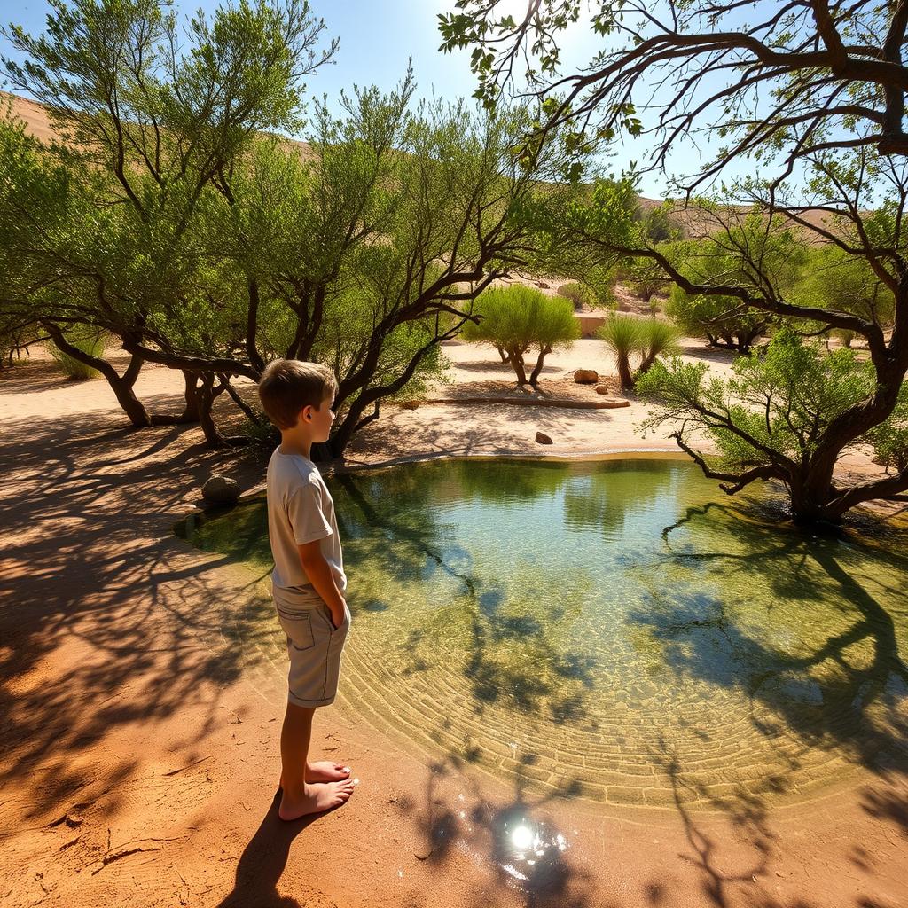 A serene desert landscape filled with lush trees, featuring a boy standing by a clear, sparkling spring of water