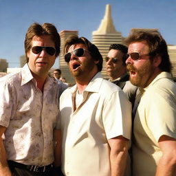 A scene from 'The Hangover' movie showing the main characters: Phil, Stu, Alan, and Doug in a humorous and disoriented state in Las Vegas