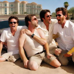 A scene from 'The Hangover' movie showing the main characters: Phil, Stu, Alan, and Doug in a humorous and disoriented state in Las Vegas