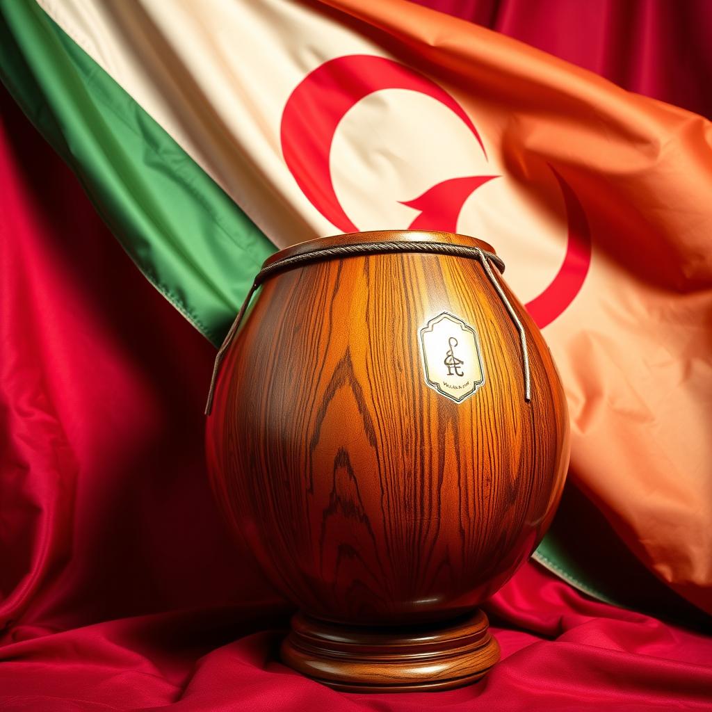 A beautifully crafted Tonbak, an elegant Persian goblet drum, prominently displayed against a vibrant backdrop featuring a fluttering flag that represents its cultural heritage