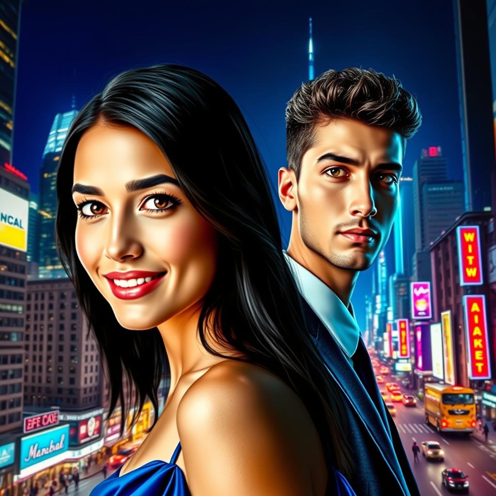 A vibrant cityscape at night with two distinct faces superimposed artistically onto the scene, one on the left side and the other on the right