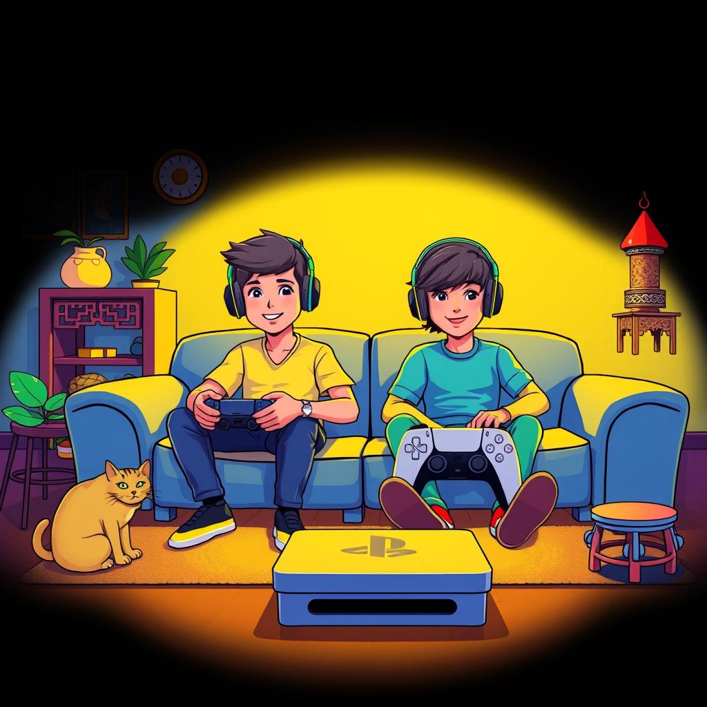 A vibrant gaming cover image featuring a cartoon-style young man or a couple sitting on a couch, both wearing gaming headsets and intensely focused on playing a game with a PS5 controller