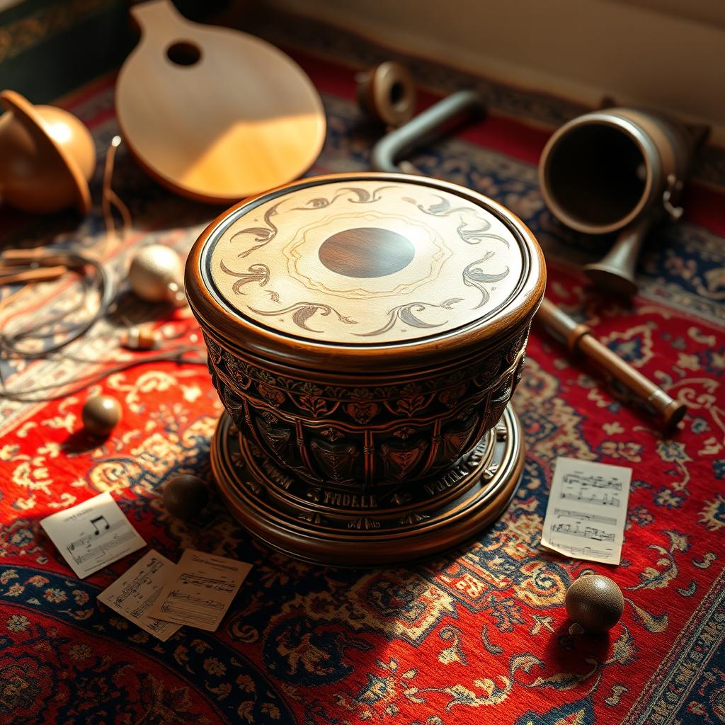 A beautifully crafted Iranian tonbak, also known as a goblet drum, elegantly placed on a richly textured Persian carpet