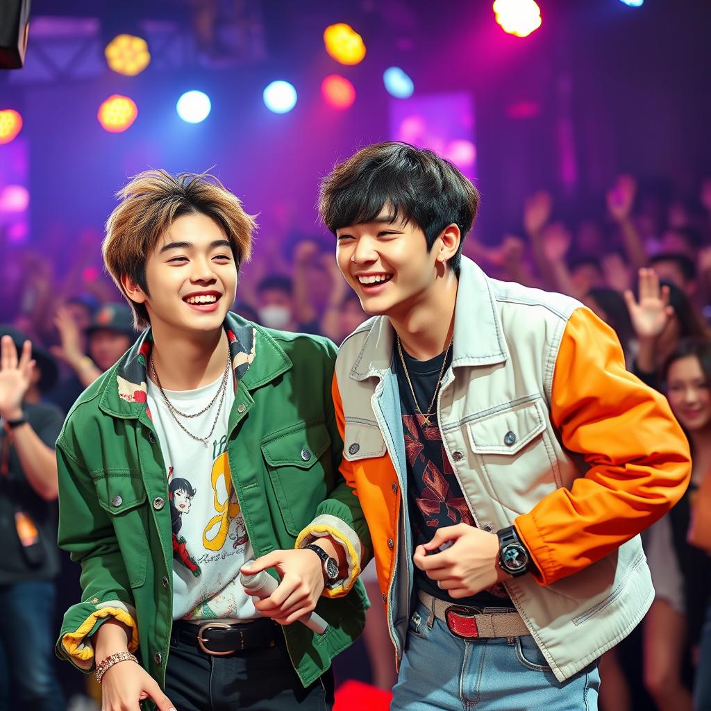 A vibrant, lively scene featuring two young male K-Pop idols in a playful and energetic atmosphere
