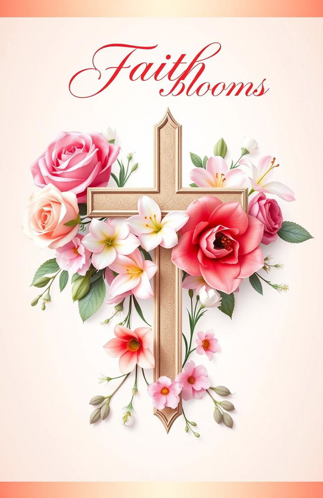 A beautifully designed Christian book cover for women, featuring vibrant flowers in soft pastel colors, intertwined with an elegant cross