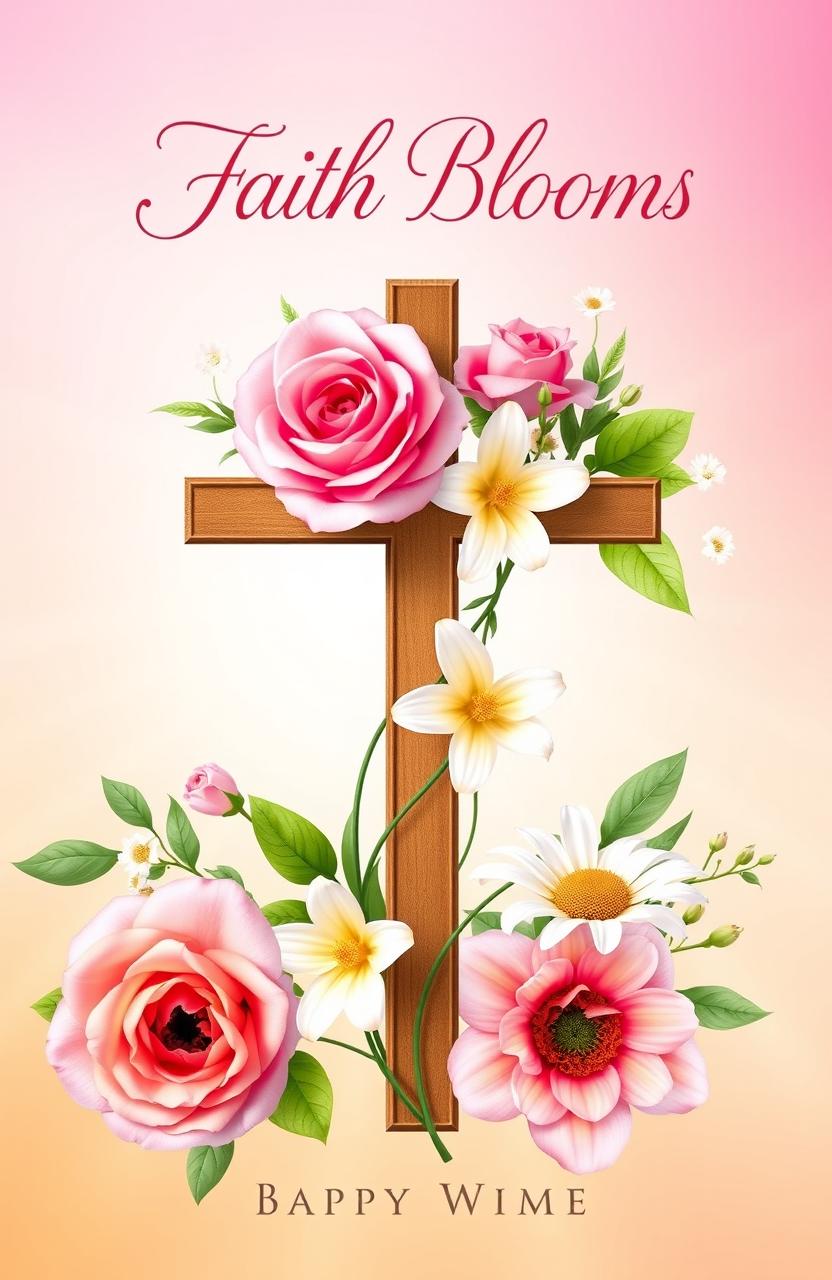 A beautifully designed Christian book cover for women, featuring vibrant flowers in soft pastel colors, intertwined with an elegant cross