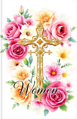 A beautifully designed Christian book cover for women featuring an elegant floral arrangement in vibrant colors surrounding a prominent cross