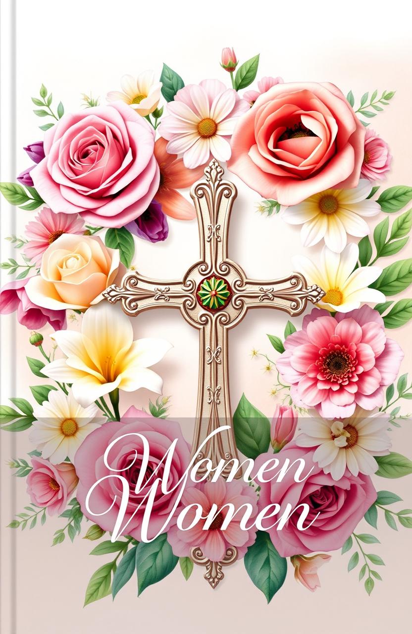 A beautifully designed Christian book cover for women featuring an elegant floral arrangement in vibrant colors surrounding a prominent cross