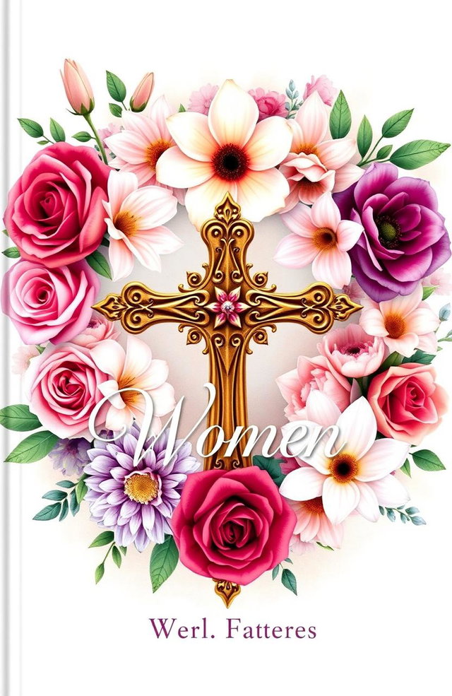 A beautifully designed Christian book cover for women featuring an elegant floral arrangement in vibrant colors surrounding a prominent cross