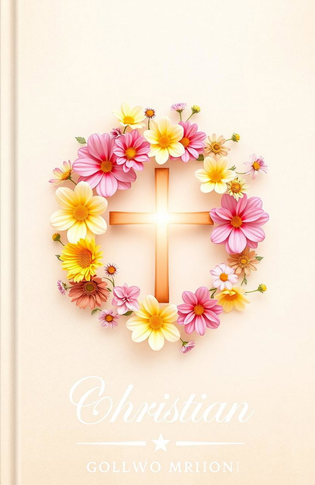 A beautifully designed Christian book cover for women, featuring a delicate arrangement of colorful flowers intertwined around a radiant cross at the center