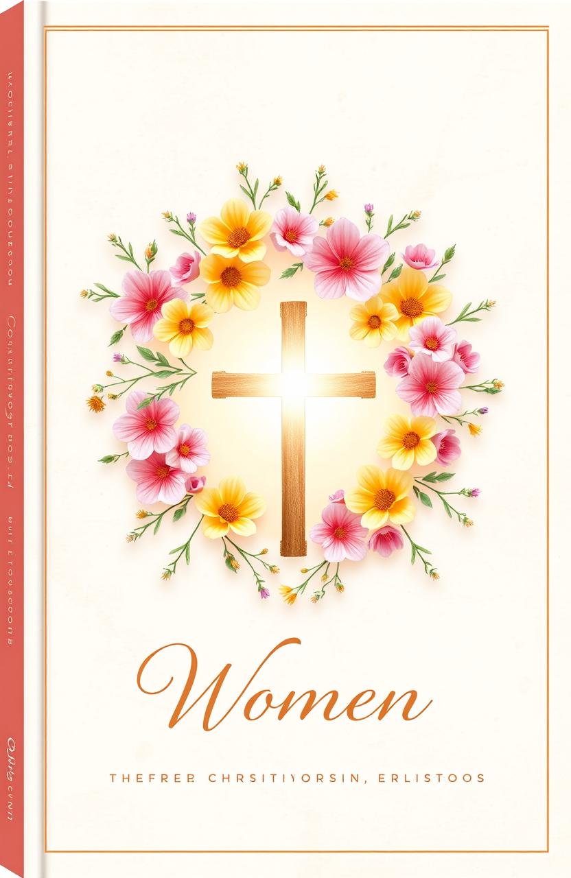 A beautifully designed Christian book cover for women, featuring a delicate arrangement of colorful flowers intertwined around a radiant cross at the center