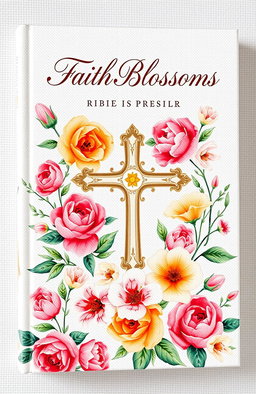 A beautifully designed Christian book cover for women, featuring an elegant floral pattern with vibrant and delicate flowers such as roses, peonies, and lilies surrounding a prominent, artistic cross at the center